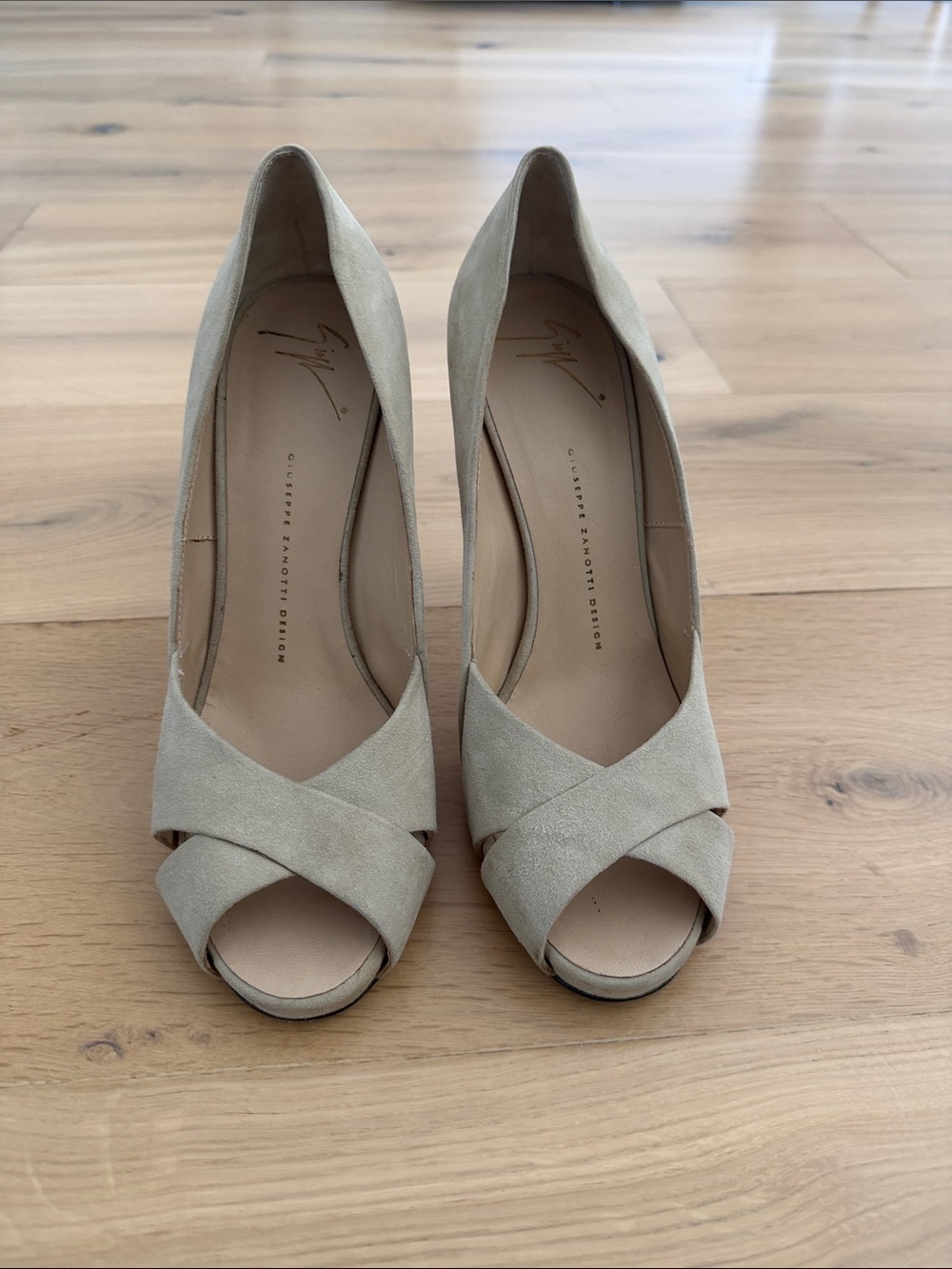 Giuseppe Zanotti Beige Suede Peep-Toe Pumps with Crossed Vamp